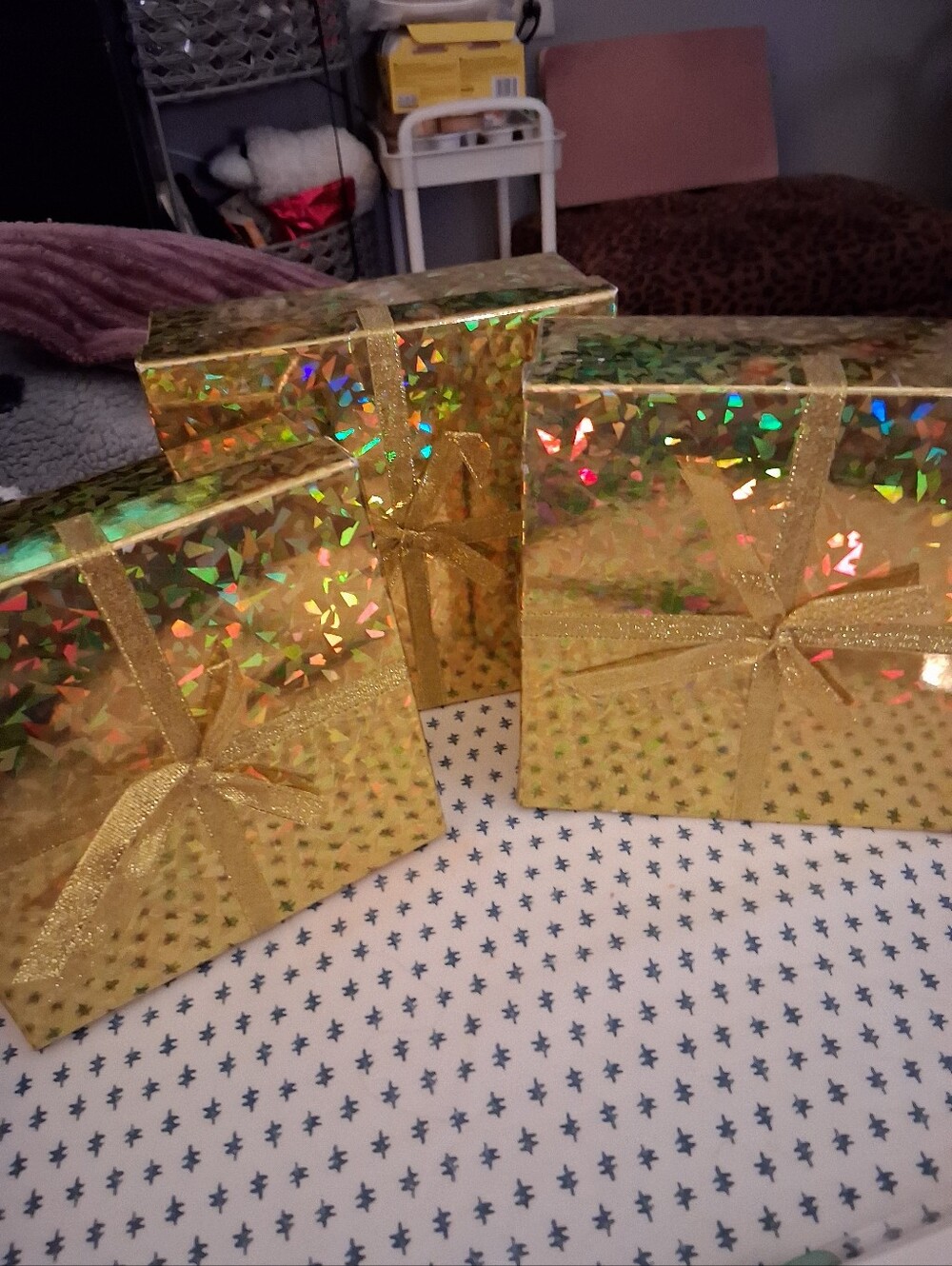 Gold Holographic Gift Boxes with Ribbon Two 7 X 7 And One 6 X 6 OFFERS WECOME